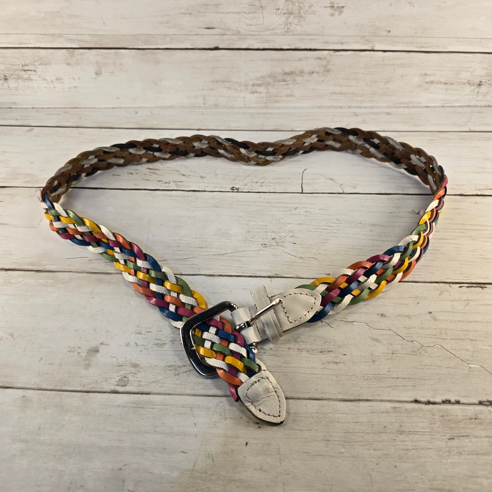 Multicolor Braided Genuine Leather Belt Small Rainbow Woven Silver Buckle